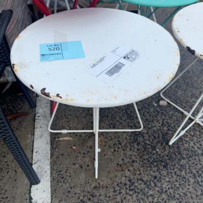 EX STAGING - ROUND WHITE METAL OUTDOOR TABLE , SOLD AS IS