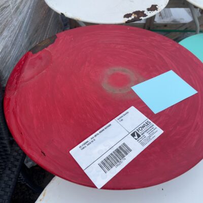 EX STAGING - RED METAL ROUND OUTDOOR TABLE, SOLD AS IS