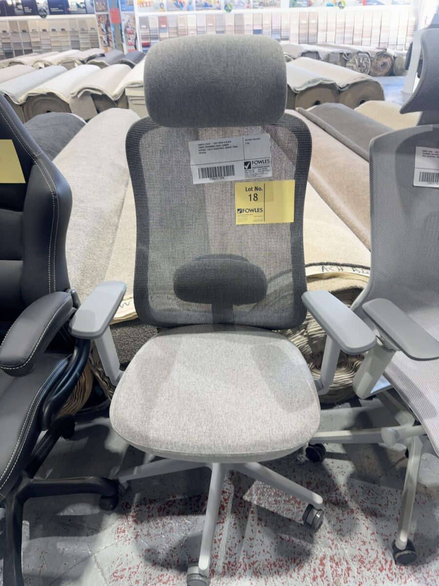 SAMPLE CHAIR - GREY MESH & BLACK FABRIC ERGONOMIC CHAIR, LUMBAR SUPPORT, FULLY ADJUSTABLE, WEIGHT 130KG RRP$269