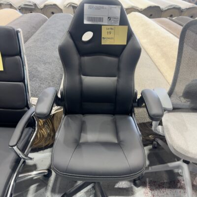 SAMPLE CHAIR - BLACK LEATHER LOOK RACER CHAIR, SEAT HEIGHT ADJUSTABLE, FLIP UP ARMS, TILT, 120KG RRP$148
