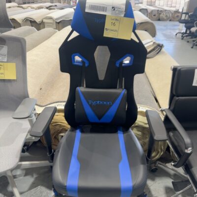 SAMPLE CHAIR - BLACK & BLUE GAMING CHAIR, WITH LUMBAR CUSHION, FIXED HEADREST, ADJUSTALBE 130KG RRP$199