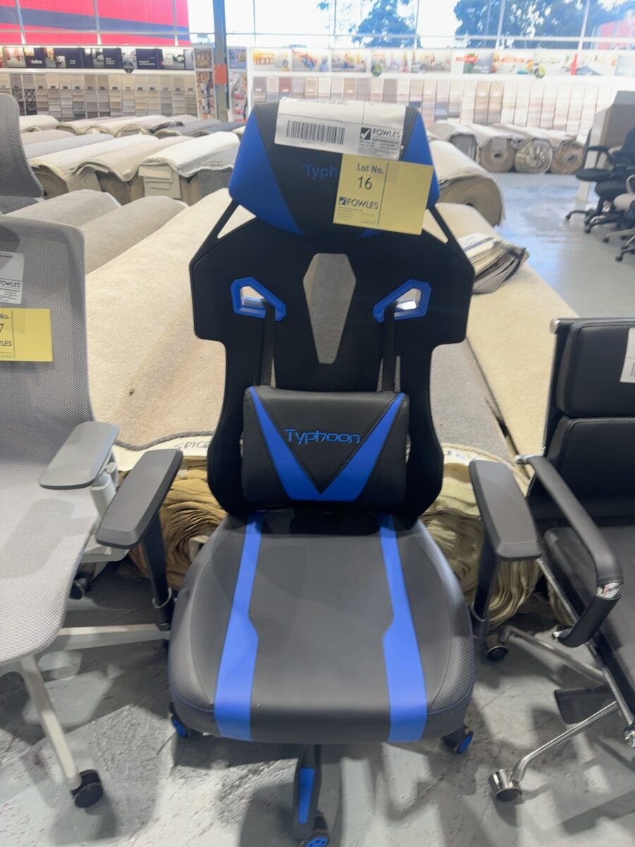 SAMPLE CHAIR - BLACK & BLUE GAMING CHAIR, WITH LUMBAR CUSHION, FIXED HEADREST, ADJUSTALBE 130KG RRP$199