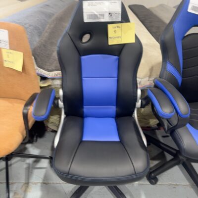 SAMPLE CHAIR - BLACK & BLUE RACER GAMING CHAIR, TILT, ADJUSTABLE, FLIP UP ARMS, 120KG RRP$148