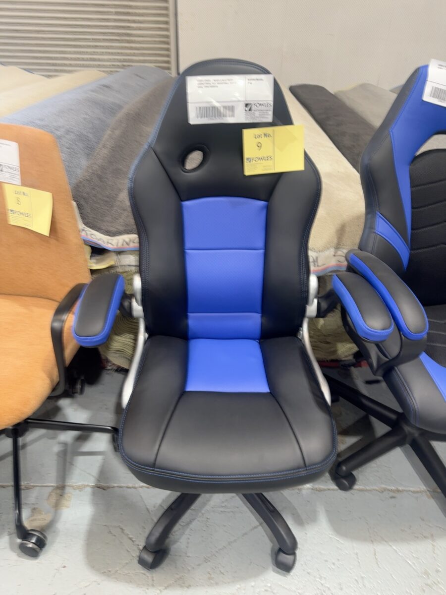 SAMPLE CHAIR - BLACK & BLUE RACER GAMING CHAIR, TILT, ADJUSTABLE, FLIP UP ARMS, 120KG RRP$148