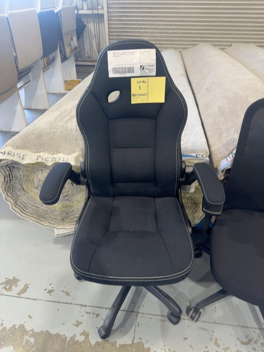SAMPLE CHAIR - DARK GREY RACER GAMING CHAIR, TILT, ADJUSTABLE, FLIP UP ARMS, 120KG RRP$148
