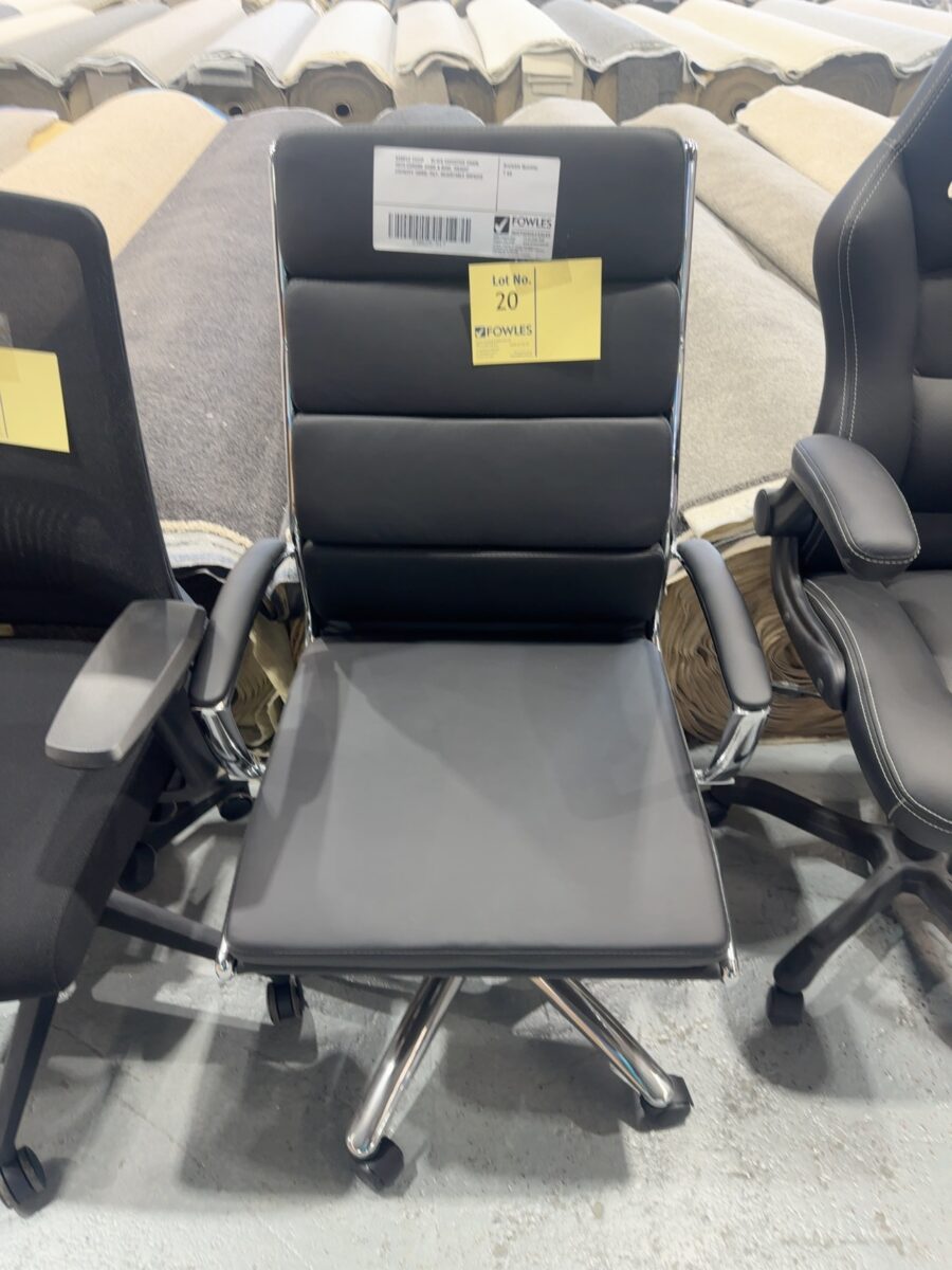 SAMPLE CHAIR - BLACK EXECUTIVE CHAIR, WITH CHROME ARMS & BASE, WEIGHT CAPACITY 160KG, TILT, ADJUSTABLE RRP$329