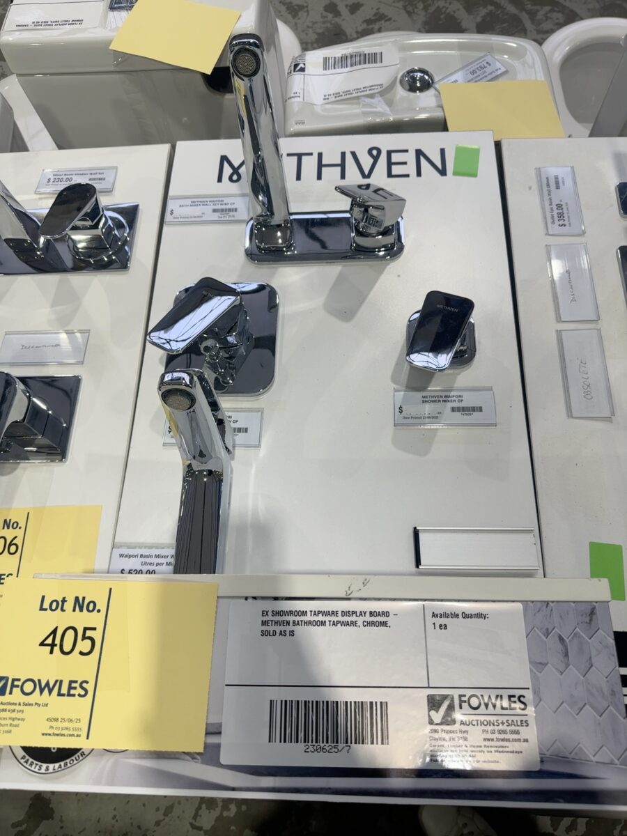 EX SHOWROOM TAPWARE DISPLAY BOARD - METHVEN BATHROOM TAPWARE, CHROME, SOLD AS IS