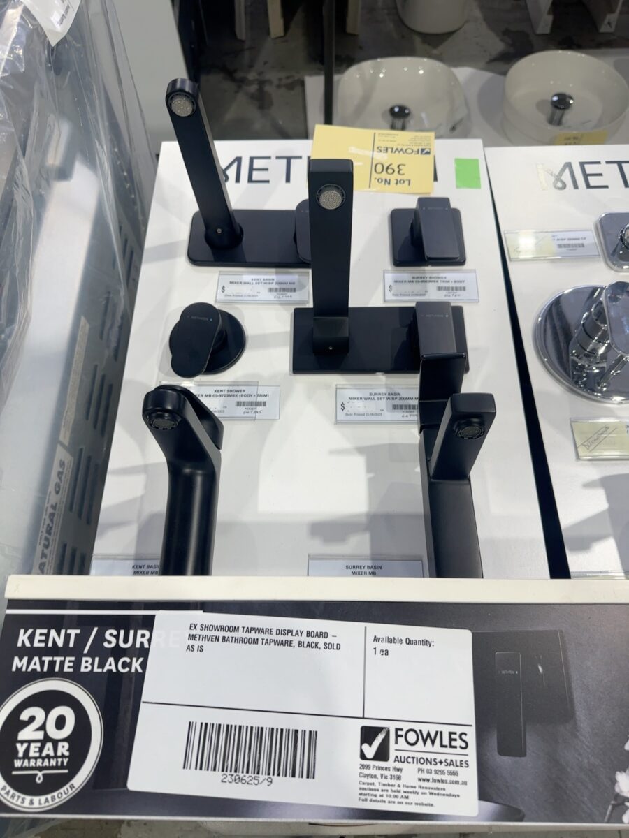 EX SHOWROOM TAPWARE DISPLAY BOARD - METHVEN BATHROOM TAPWARE, BLACK, SOLD AS IS