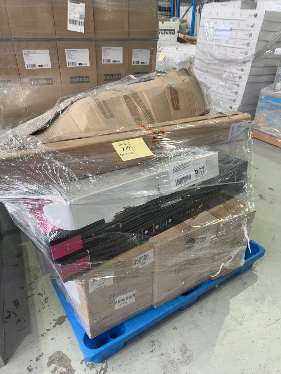 MIXED PALLET OF HARDWARE STORE STOCK, INCLUDING SINKS, PHOENIX SHOWER RAILS,  BOXES OF TAPWARE, MAILMASTER LETTERBOXES, SOLD AS IS NO WARRANTY