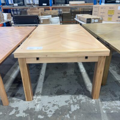 EX DISPLAY FLINDERS MESSMATE NATURAL 2100MM TO 3000MM EXTENSION DINING TABLE, HERRINGBONE DESIGN, RRP00 SOLD AS IS