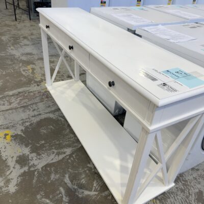 EX STAGING - WHITE TIMBER CROSS LEG HALL TABLE SOLD AS IS