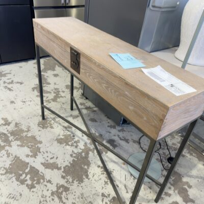 EX STAGING - TIMBER HALL TABLE ON METAL LEGS, SOLD AS IS
