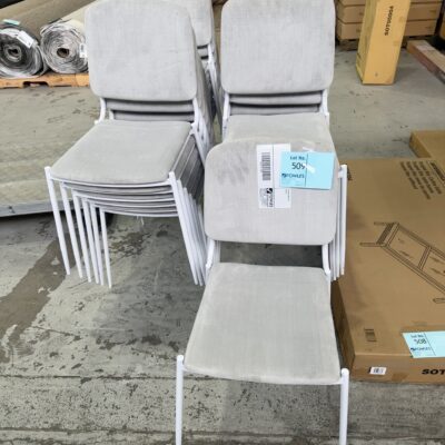 EX HIRE GREY DINING CHAIR WITH WHITE METAL FRAME, SOLD AS IS
