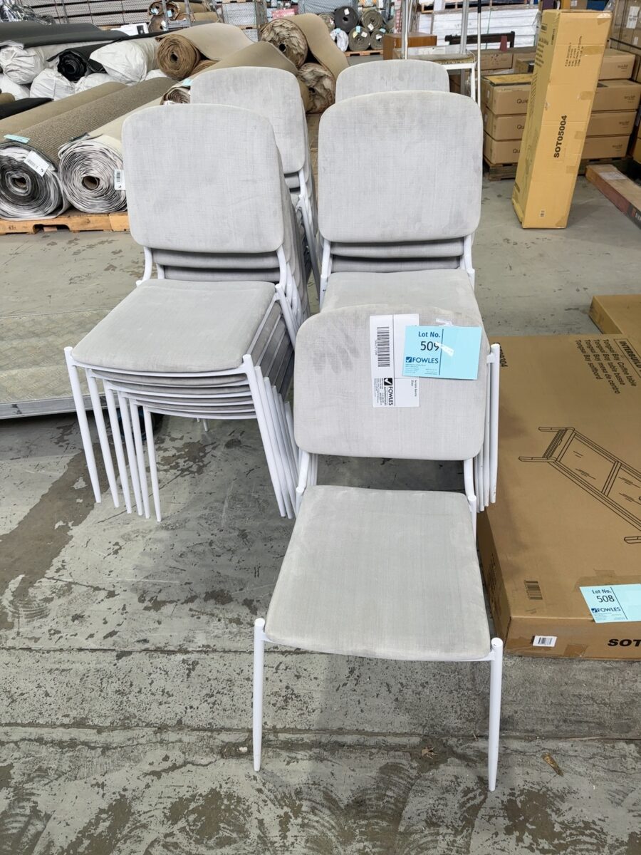 EX HIRE GREY DINING CHAIR WITH WHITE METAL FRAME, SOLD AS IS