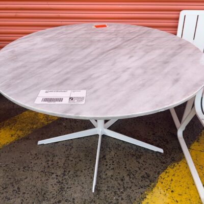EX HIRE MARBLE OUTDOOR DINING TABLE ON WHITE CENTRAL LEG, SOLD AS IS (CHIPPED EDGES)