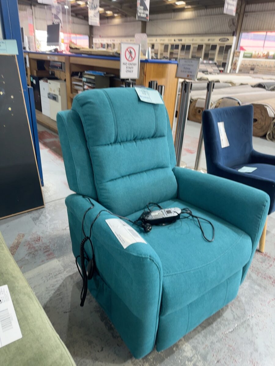 NEW BLUE MATERIAL ARMCHAIR WITH RECLINER & LIFT FUNCTION