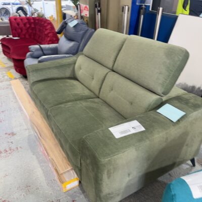 NEW GREEN PLUSH MATERIAL 2 SEATER COUCH WITH ADJUSTABLE HEAD RESTS.