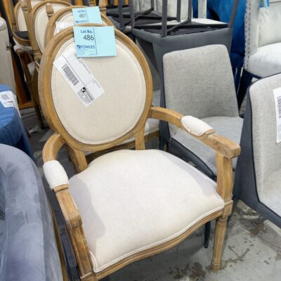 EX STAGING - BEIGE CARVER CHAIR WITH ARMS, SOLD AS IS