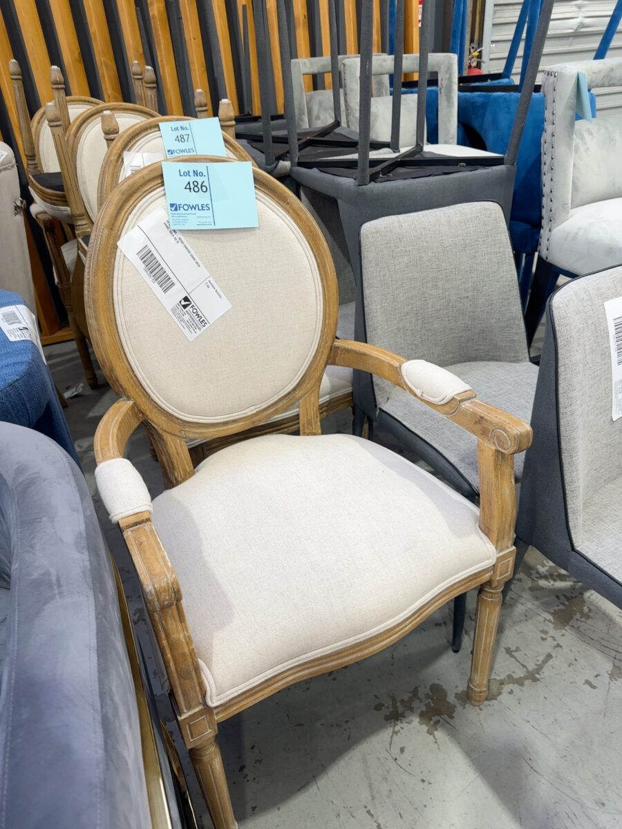 EX STAGING - BEIGE CARVER CHAIR WITH ARMS, SOLD AS IS