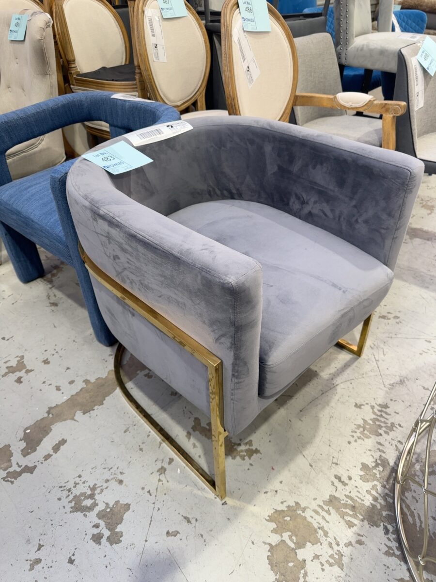 EX STAGING - GREY VELVET TUB CHAIR WITH GOLD FRAME, SOLD AS IS