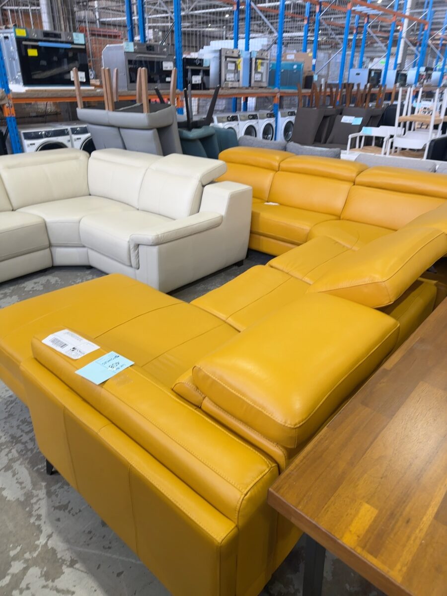 NEW CUSTOM MADE DARK GOLD LEATHER MODULAR CORNER COUCH WITH ELECTRIC RECLINER WITH CONCEALED BUTTONS, SOLD AS IS