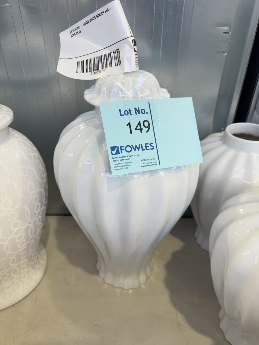 EX STAGING - LARGE WHITE GINGER JAR- SOLD AS IS