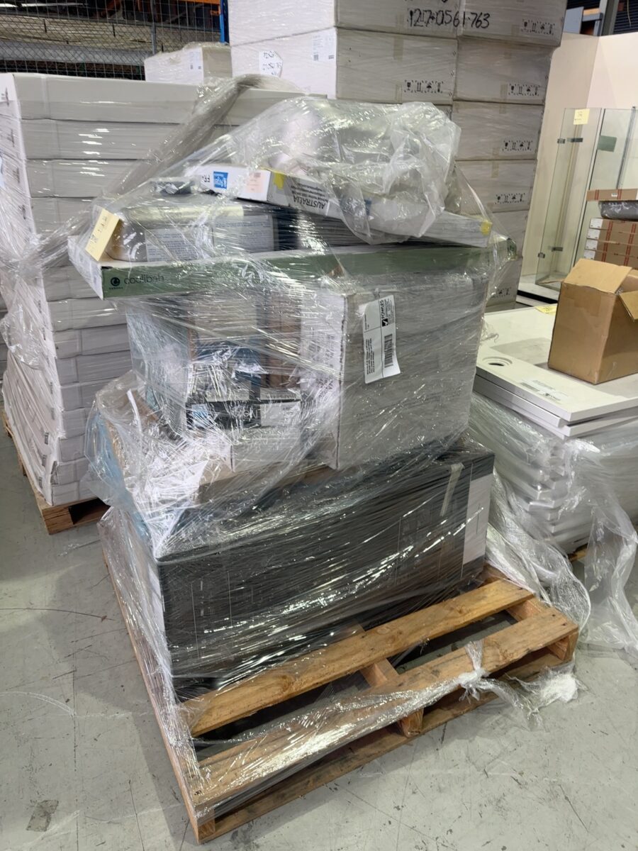 MIXED PALLET OF HARDWARE STORE STOCK, INCLUDING SINKS, PHOENIX TWIN SHOWER RAILS, CAROMA BASINS, KDK TOILET BASES, SOLD AS IS NO WARRANTY