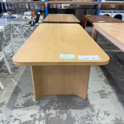 EX DISPLAY ASTON 2100MM AMERICAN OAK DINING TABLE, WITH CURVED LEGS, CURVED EDGES, SOLD AS IS
