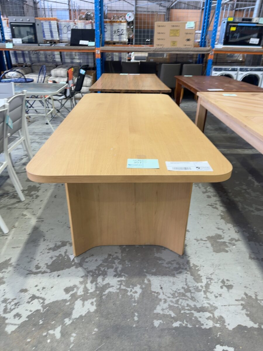 EX DISPLAY ASTON 2100MM AMERICAN OAK DINING TABLE, WITH CURVED LEGS, CURVED EDGES, SOLD AS IS