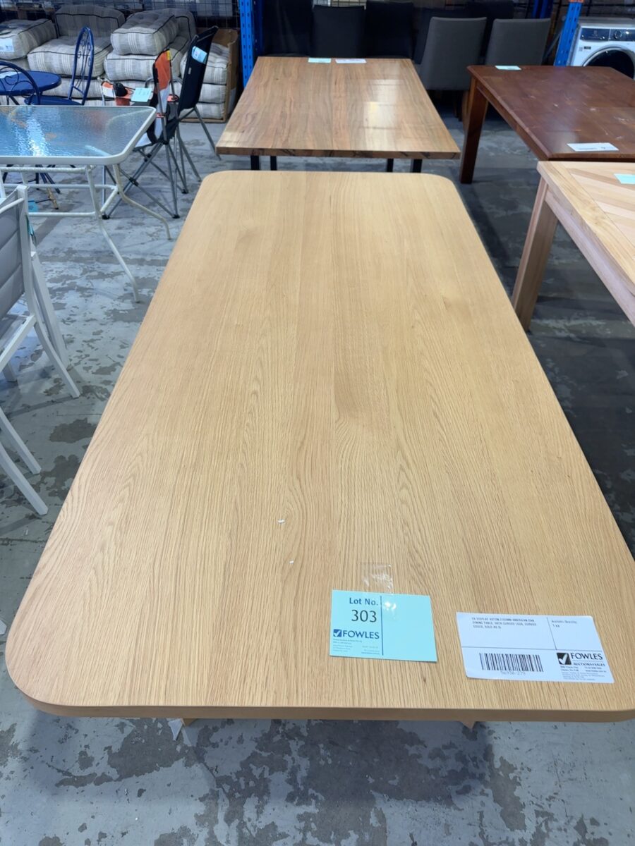 EX DISPLAY ASTON 2100MM AMERICAN OAK DINING TABLE, WITH CURVED LEGS, CURVED EDGES, SOLD AS IS