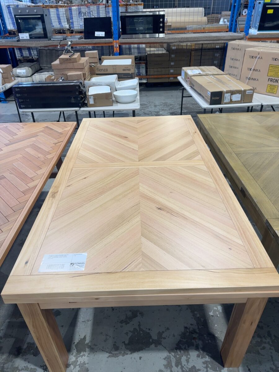 EX DISPLAY FLINDERS MESSMATE NATURAL 2100MM TO 3000MM EXTENSION DINING TABLE, HERRINGBONE DESIGN, RRP$2400 SOLD AS IS