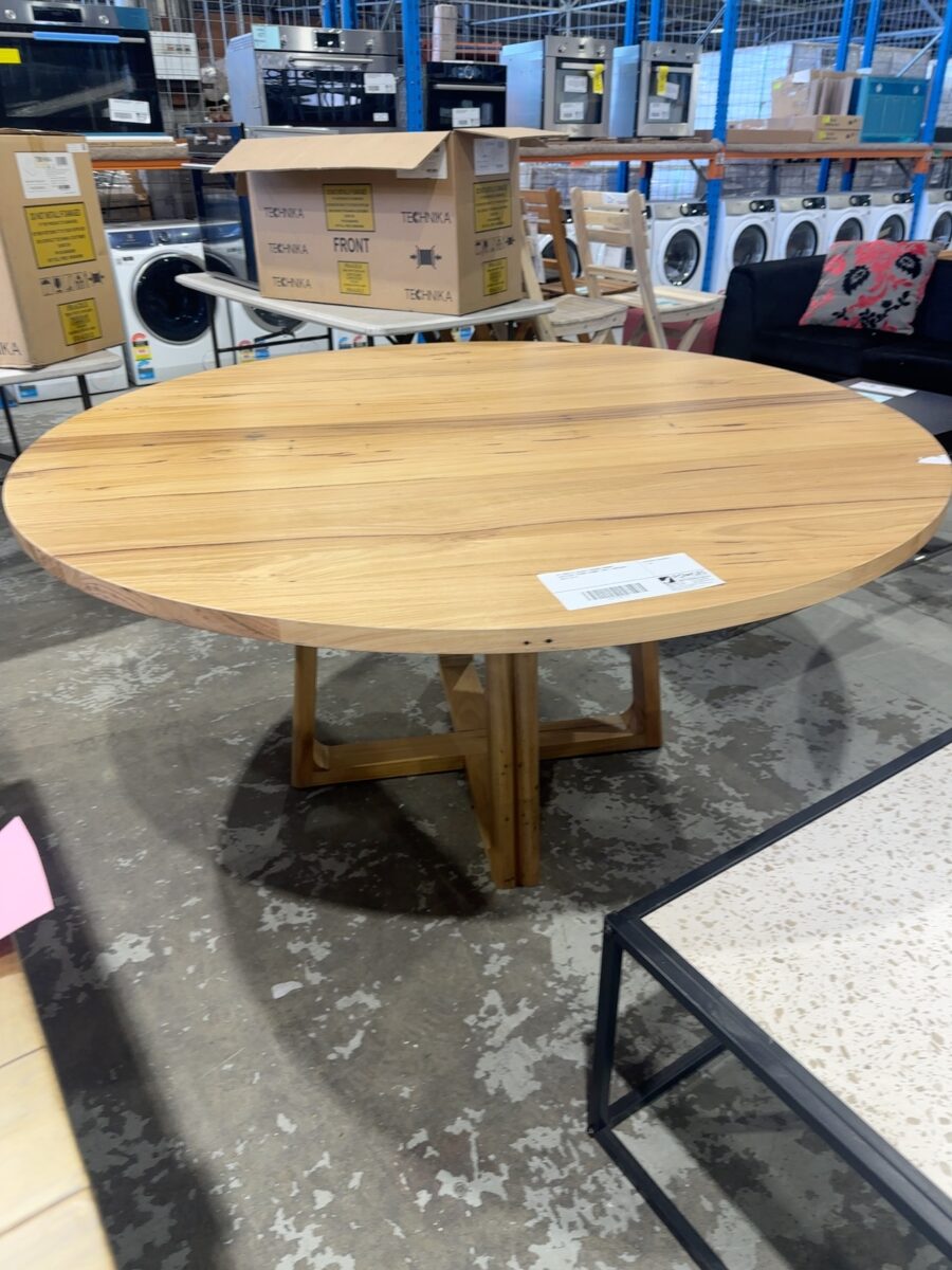 EX DISPLAY BILBAO 1600MM WORMY CHESTNUT ROUND DINING TABLE, RRP$2699 SOLD AS IS
