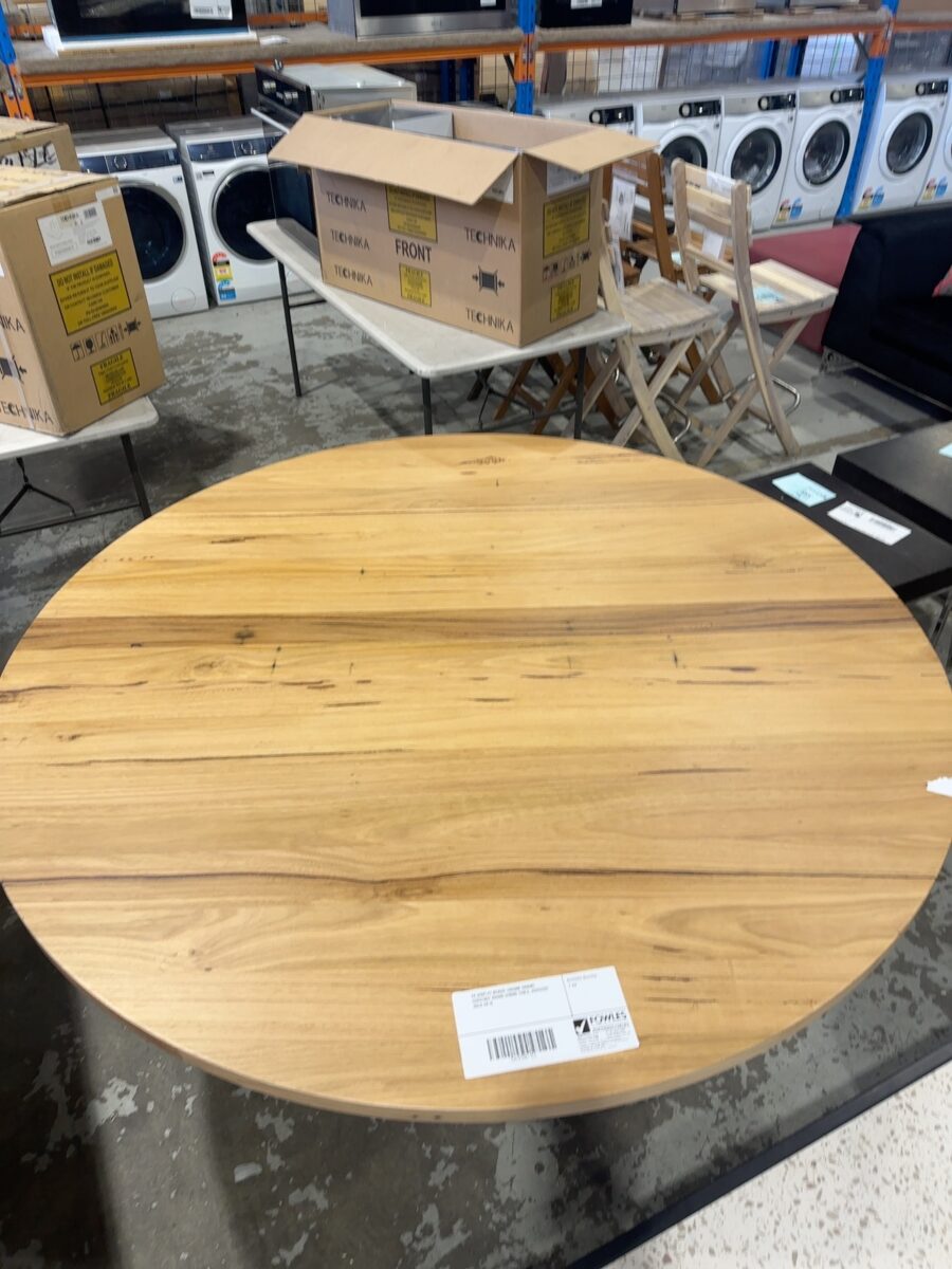 EX DISPLAY BILBAO 1600MM WORMY CHESTNUT ROUND DINING TABLE, RRP$2699 SOLD AS IS