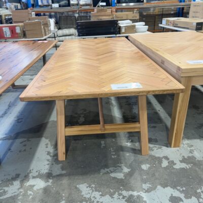 EX DISPLAY BALLY MESSMATE NATURAL HERRINGBONE DINING TABLE 2400MM, CURVED EDGES, SOLD AS IS