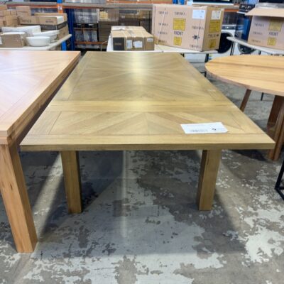 EX DISPLAY FLINDERS 1800MM MESSMATE SMOKE EXTENSION DINING TABLE, 1800MM TO 2700MM, HERRINGBONE DESIGN SOLD AS IS