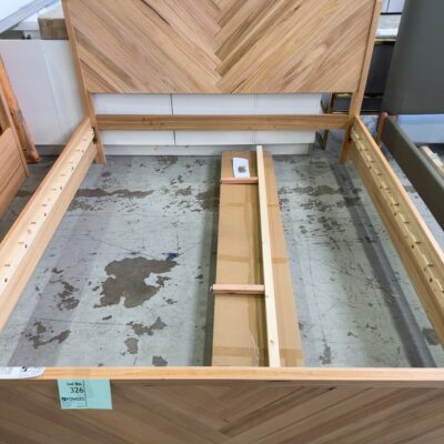 EX DISPLAYEVA KING SIZE MESSMATE TIMBER BEDFRAME, HERRINGBONE CURVED HEADBOARD & FOOTBOARD, SOLD AS IS