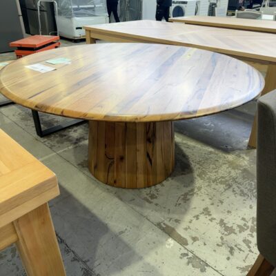 EX DISPLAY JINDALEE 1600MM ROUND MARRI TIMBER DINING TABLE, **FINE SPLIT IN ONE PIECE OF TIMBER, SOLD AS IS** RRP98