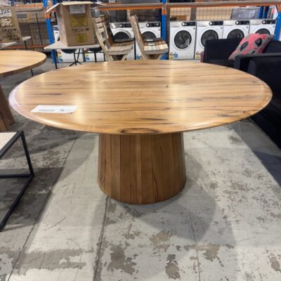 EX DISPLAY JINDALEE ROUND 1600MM MARRI TIMBER DINING TABLE ON PEDESTAL BASE, SOLD AS IS