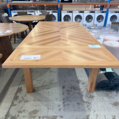 EX DISPLAY, FLINDERS 2100MM EXTENSION DINING TABLE, MESSMATE NATURAL HERRINGBONE, 2100MM TO 3000MM SOLD AS IS