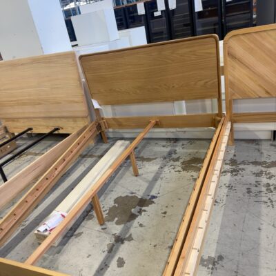 EX DISPLAY EVANS QUEEN OAK BEDFRAME, CURVED, SOLD AS IS