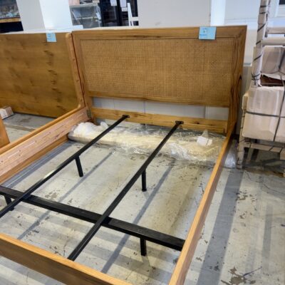 EX DISPLAY MANHATTAN KING SIZE BEDFRAME, MARRI TIMBER WITH CANE WOVEN HEADBOARD, SOLD AS IS