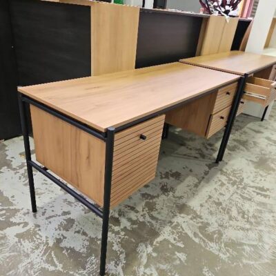 SAMPLE STOCK - OAK/BLACK MDF & STEEL FRAME DESK WITH 2 DRAWERS 1400WIDE RRP9
