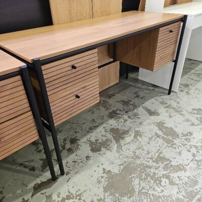 SAMPLE STOCK - OAK/BLACK MDF & STEEL FRAME DESK WITH 2 DRAWERS 1400WIDE RRP9