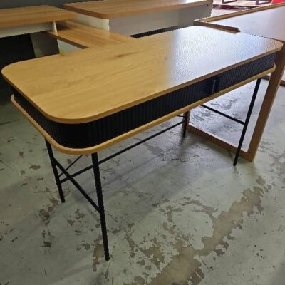 SAMPLE STOCK - BLACK FLUTED DESK, OAK MDF TOP WITH SLIDING DOOR ON DESK, REAR CABLE MANAGEMENT 1200MM WIDE RRP9