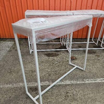 EX HIRE SMALL WHITE BAR TABLE, 1200X400, SOLD AS IS