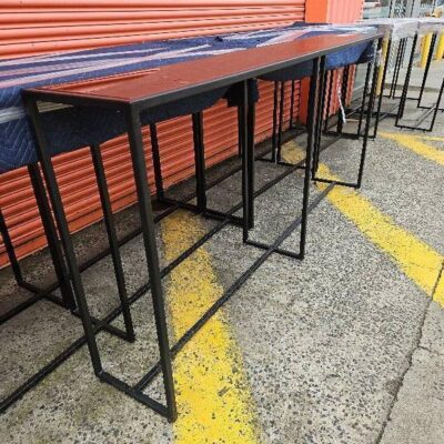 EX HIRE LARGE BLACK BAR TABLE, 2400X400, SOLD AS IS