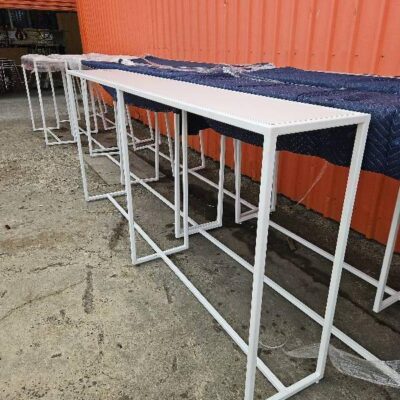EX HIRE LARGE WHITE BAR TABLE, 2400X400, SOLD AS IS