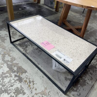 EX STAGING FURNITURE - BLACK METAL COFFEE TABLE WITH TERRAZZO TOP, SOLD AS IS