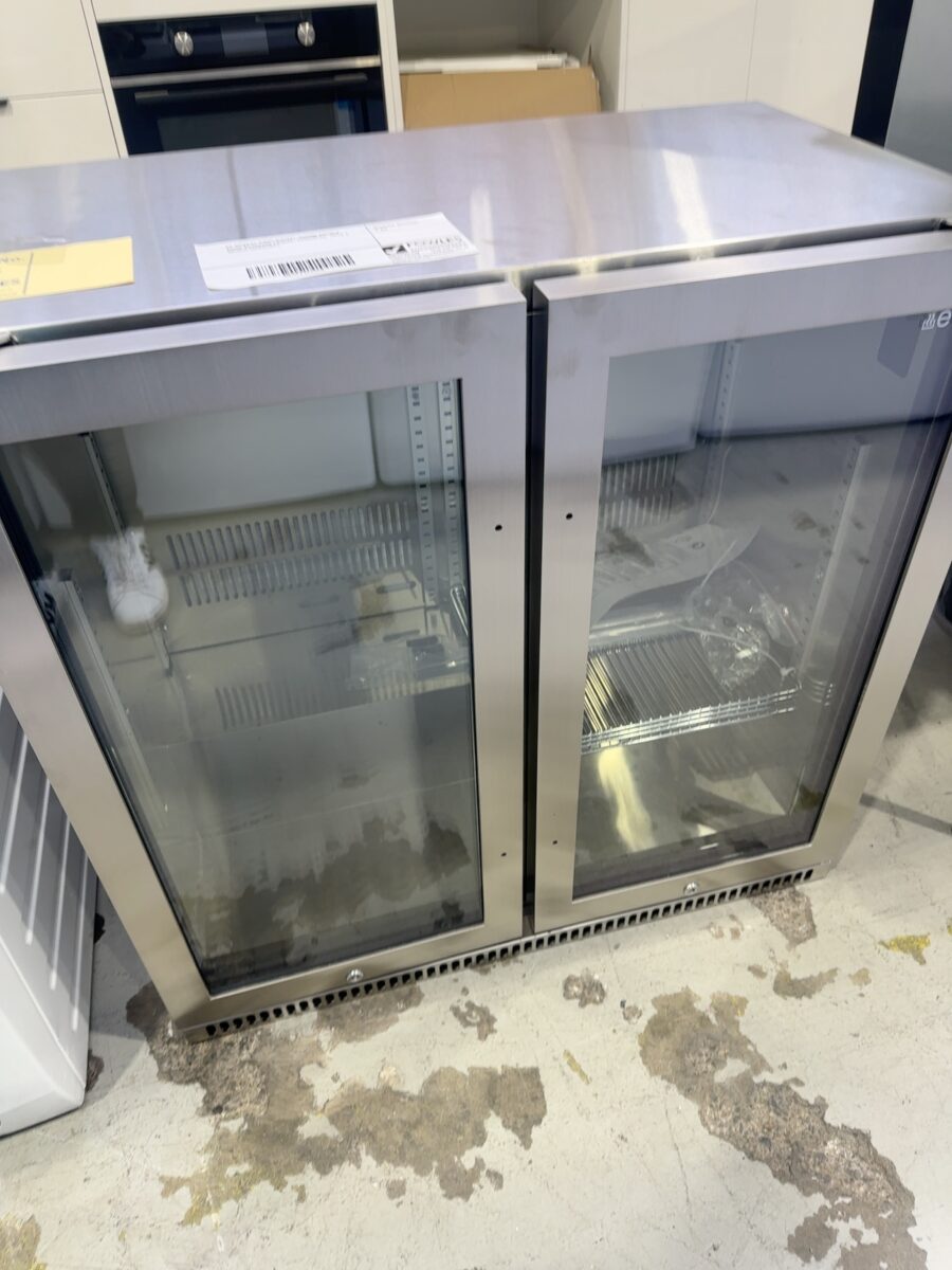 EX DISPLAY EURO S/STEEL 865MM DOUBLE DOOR BEVERAGE FRIDGE, EA865BFSS, WITH 3 MONTH WARRANTY