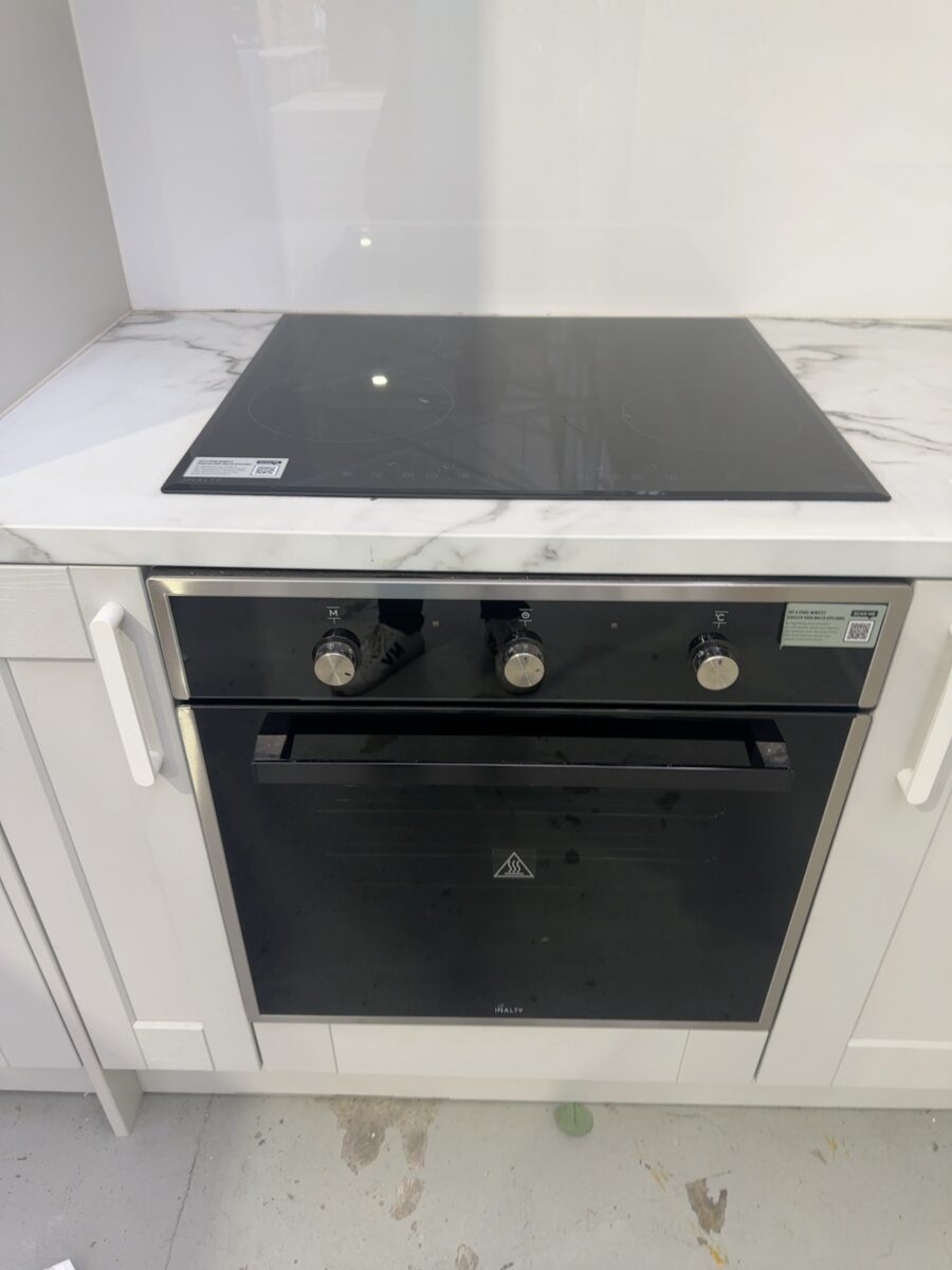 EX DISPLAY L SHAPE KITCHEN WITH LAMINATE BENCH, GREY SQUARE ROUTED PROFILE DOORS, OAK OVERHEADS, WITH 540MM PANTRY AND 800MM FRIDGE SPACE, INCLUDES PULL OUT TAP, SINK, INALTO OVEN & CERAMIC COOKTOP, SOLD AS IS, **BIDDER TO REMOVE** ALL SOLD AS IS NO WARRANTY